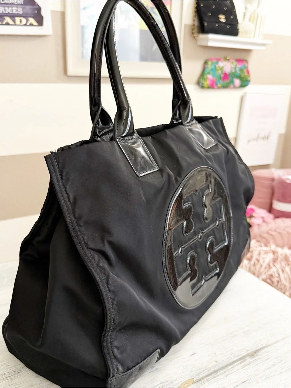 Tory Burch Ella Black Patent Logo nylon Tote
